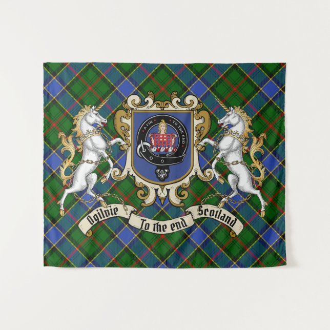 Tapete De Parede Ogilvie Clan Crachá & Unicorns w/Tartan (Frente (Horizontal))