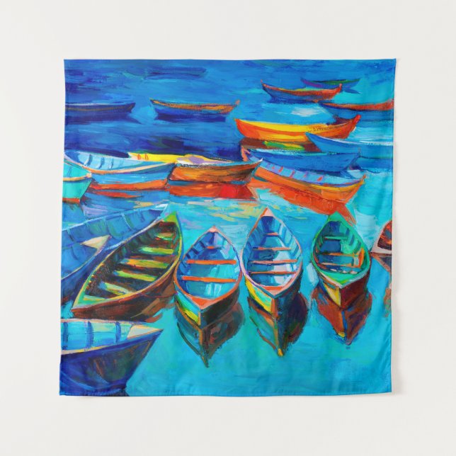 Tapete De Parede  oil painting of boats and sea on canvas. Sunset o (Frente)