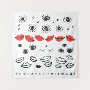 Tapete De Parede Olhos vítreos, padrão de lábios vermelhos.