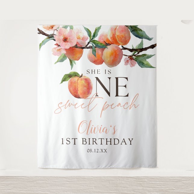 Tapete De Parede One Sweet Peach 1st Birthday Photo Backdrop (Frente)