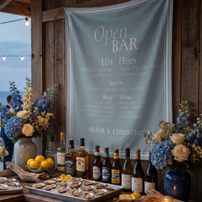 Tapete De Parede Open Bar and Signature Drink Coastal Blue Wedding  (Give your open bar and added touch of elegance with this Open Bar and Signature Drink Tapestry!)