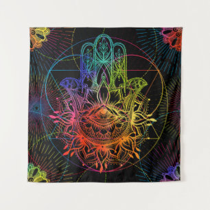 Tapete De Parede Ornamentado hamsa: padrão de neon desenhado à mão.