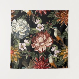 Tapete De Parede Ornamentado Vintage Peonies, Rosas, Aves.