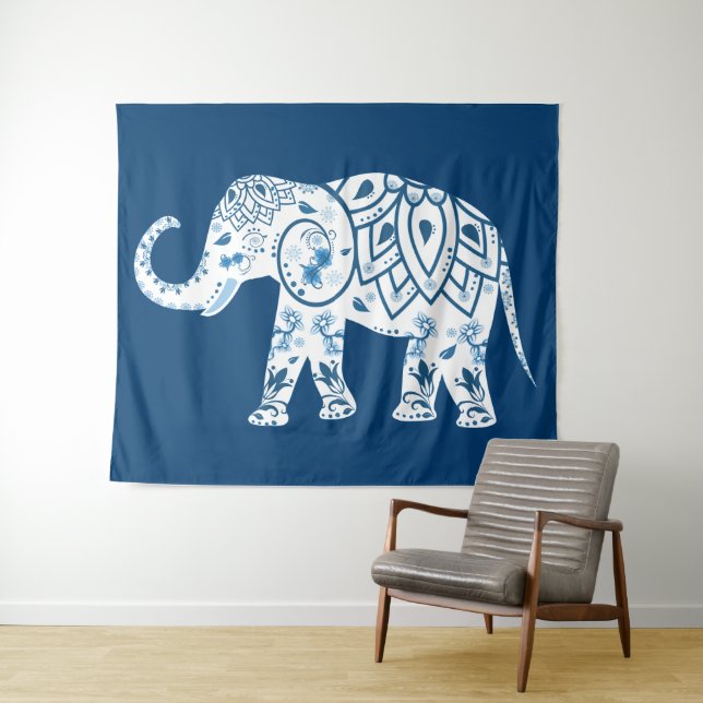 Tapete De Parede Ornate Patterned Blue Elephant (In Situ (Horizontal))