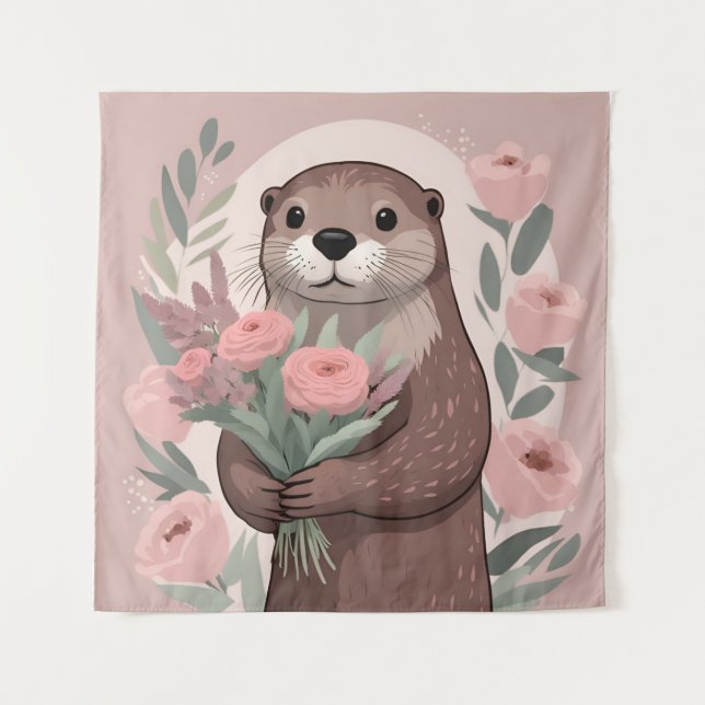 Tapete De Parede Otter Adorável Com Flores (Frente)