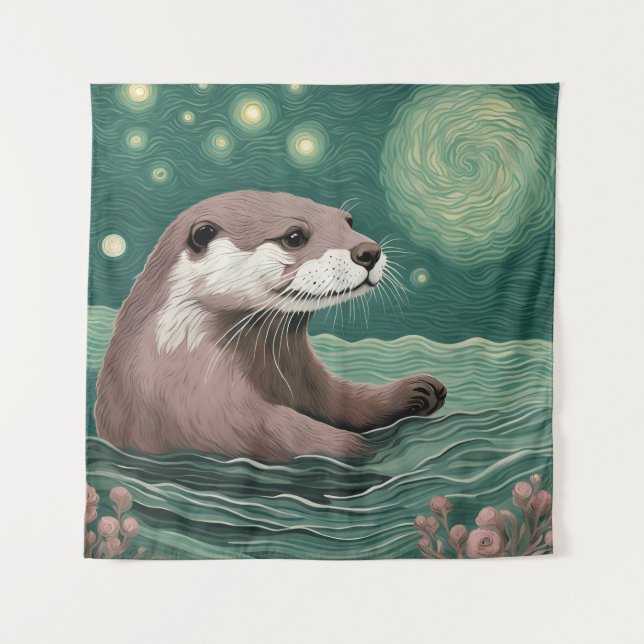 Tapete De Parede Otter em uma Sage do Oceano Noturno Estrelada e Ro (Frente)