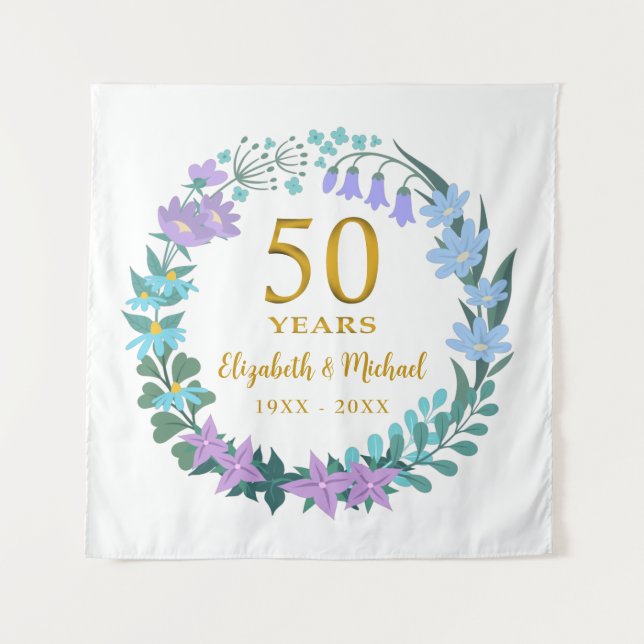 Tapete De Parede ouro dos 50 anos Floral Bluebells Wreath (Frente)
