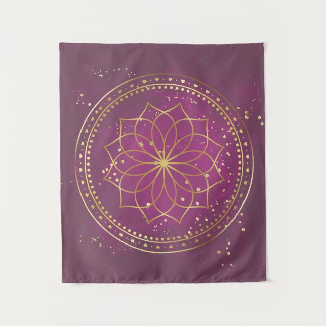 Tapete De Parede Ouro Mandala no Plum | Geometria Sagrada Elegante  (Frente)