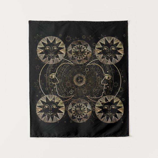 Tapete De Parede Ouro Sun Moon Stars Astronomia Celestial (Frente)