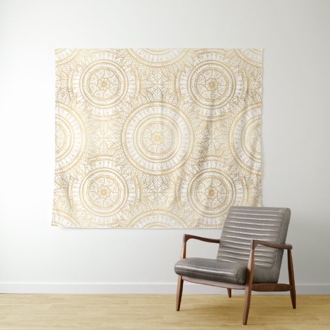 Tapete De Parede Padrão Branco Elegante Dourado de Mandala Girassol (In Situ (Horizontal))