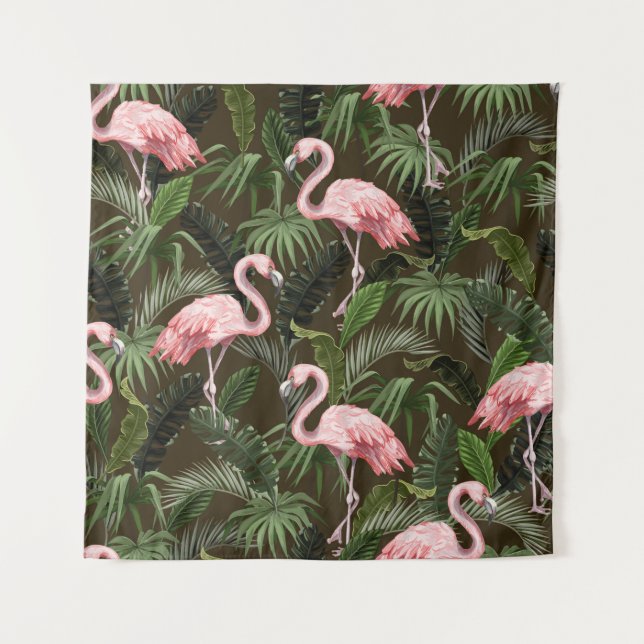 Tapete De Parede Padrão contínuo com flamingo e folhas tropicais (Frente)