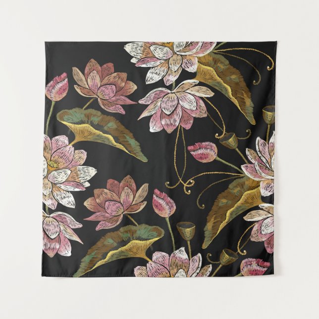 Tapete De Parede Padrão contínuo de flores de lótus de bordado (Frente)