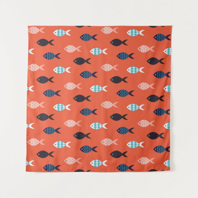 Tapete De Parede padrão contínuo de peixes antigos. Cardume de peix (Frente)