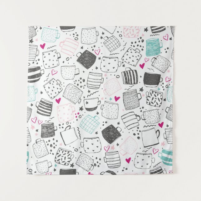 Tapete De Parede Padrão de caneca desenhada à mão, design sem solda (Frente)