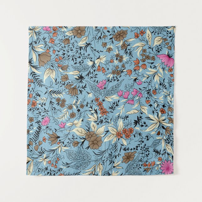 Tapete De Parede Padrão de flor de vindima, fundo azul. (Frente)