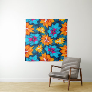 Tapete De Parede Padrão de Flores Azul e Laranja