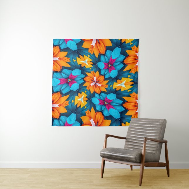 Tapete De Parede Padrão de Flores Azul e Laranja (In Situ)
