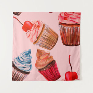 Tapete De Parede Padrão de fundo uniforme dos cupcakes de aquarelas