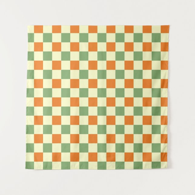 Tapete De Parede Padrão de Gingham - Laranja Verde Marrom (Frente)