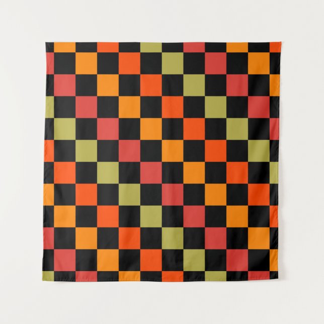 Tapete De Parede Padrão de Gingham Preto Laranja Verificado (Frente)