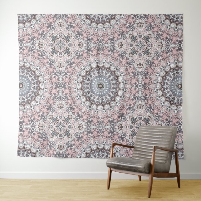 Tapete De Parede Padrão de Mandala Rosa Cinza e Branco (In Situ (Horizontal))