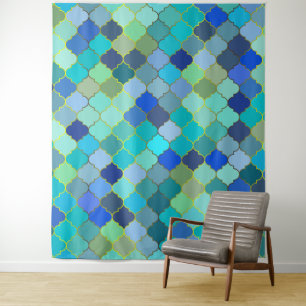 Tapete De Parede Padrão de Mosaico Marroquino Aqua Azul