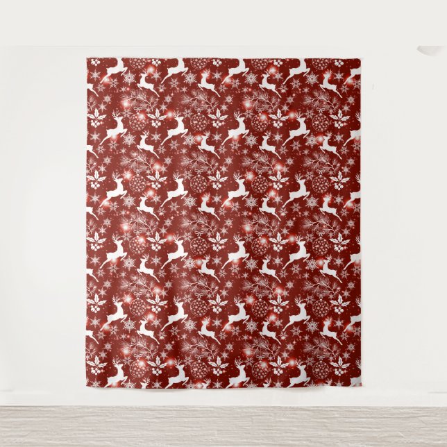Tapete De Parede Padrão de Natal vermelho e branco com renas (Frente)