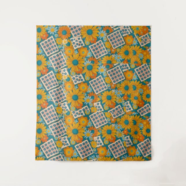 Tapete De Parede Padrão de Patchwork Floral Retro dos Anos 70 (Frente)