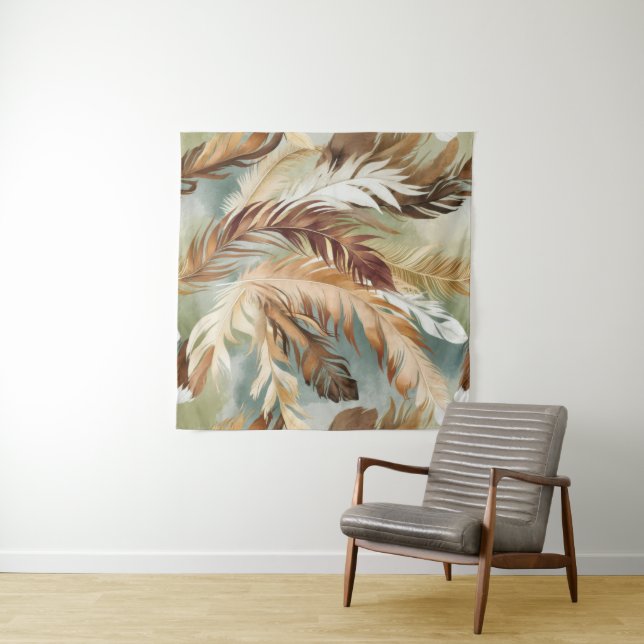 Tapete De Parede Padrão de Pena em Aquarela (In Situ (Horizontal))