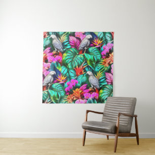 Tapete De Parede Padrão de Superfície Contínuo Selva com Papagaio C