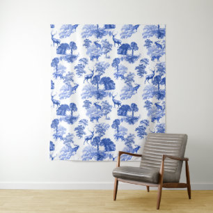 Tapete De Parede Padrão de Toile Francês Azul com Veado Raposa Flor