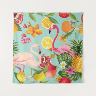Tapete De Parede Padrão de Vintage do Flamingo Fruta Tropical