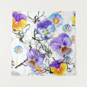 Tapete De Parede Padrão de Vintagem de Aquarelas Violet Flowers
