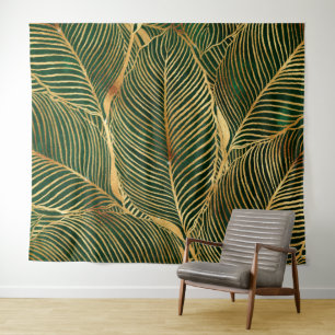 Tapete De Parede Padrão Elegante Verde de Folhas Douradas