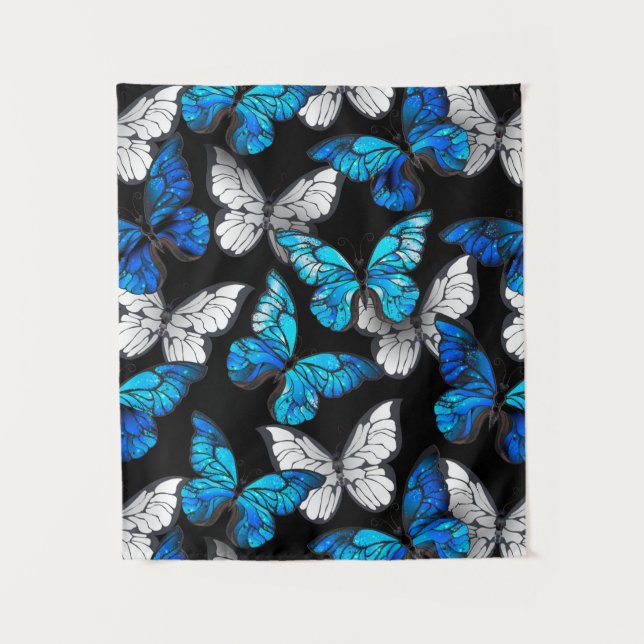 Tapete De Parede Padrão Escuro Sem Costura com Borboletas Azuis Mor (Frente)