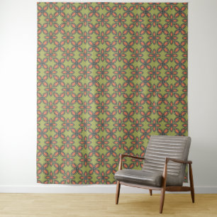 Tapete De Parede Padrão Floral de Abstrato cor verde e laranja retr