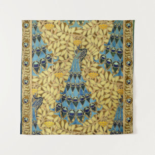 Tapete De Parede Padrão Floral de Pavão Azul Art Nouveau Antigo
