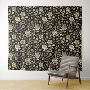 Tapete De Parede Padrão Floral Rosa Dourada Vintage em Preto