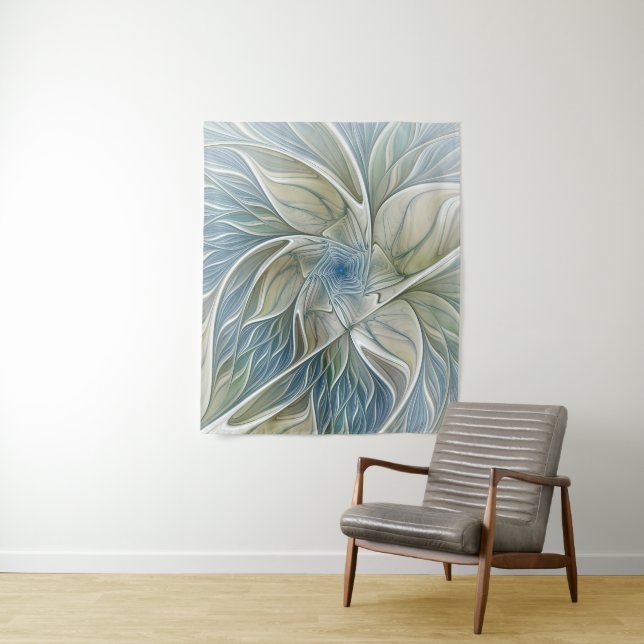 Tapete De Parede Padrão Floral Sonho Abstrato Caqui Azul Fractal (In Situ)