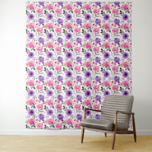 Tapete De Parede Padrão Floral Vibrante em Aquarela em Rosa e Roxo