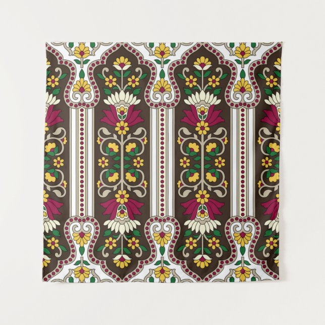 Tapete De Parede Padrão geométrico Moghul Paisley no fundo branco (Frente)