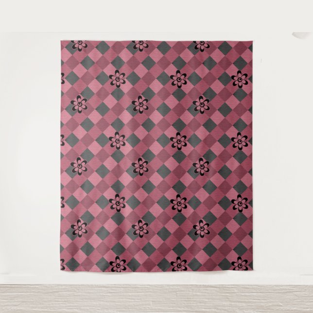 Tapete De Parede Padrão geométrico rosa-cinza com flores (Frente)