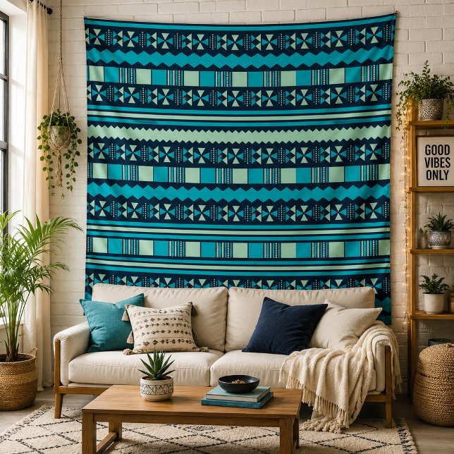 Tapete De Parede Padrão Geométrico Tribal Azul Parede Boho  (Bring Modern Tribal Charm Home)