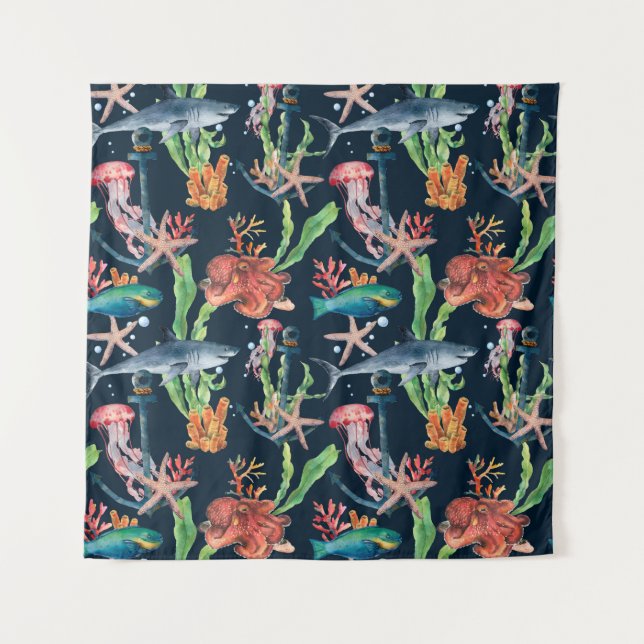 Tapete De Parede Padrão sem costura aquarela com tubarão e laminar (Frente)