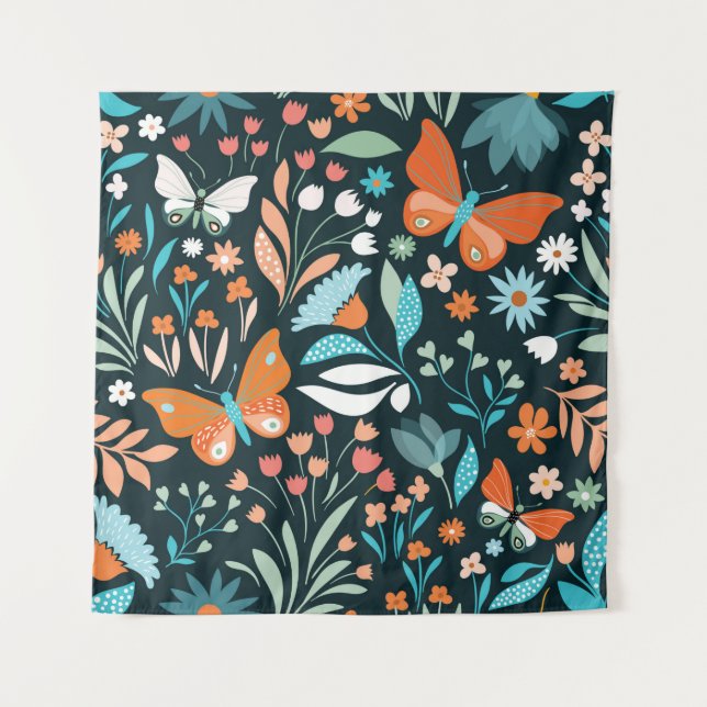 Tapete De Parede Padrão sem costura com flores e borboletas (Frente)