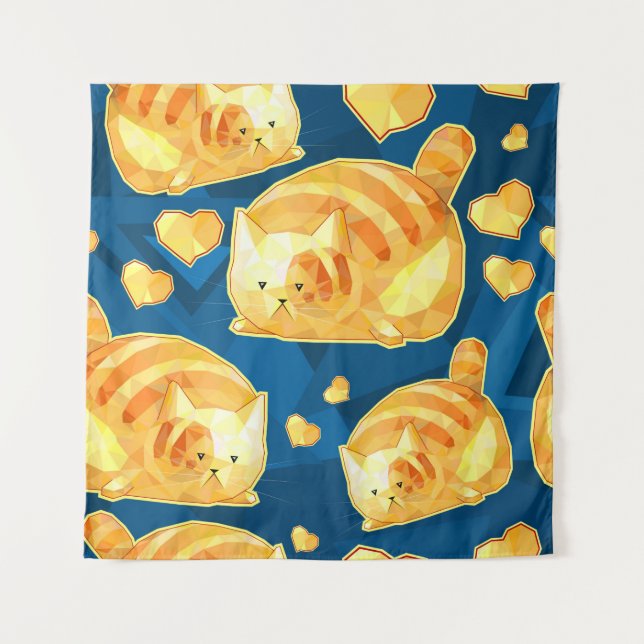 Tapete De Parede Padrão sem costura com gatos poligonais fofinhos, (Frente)