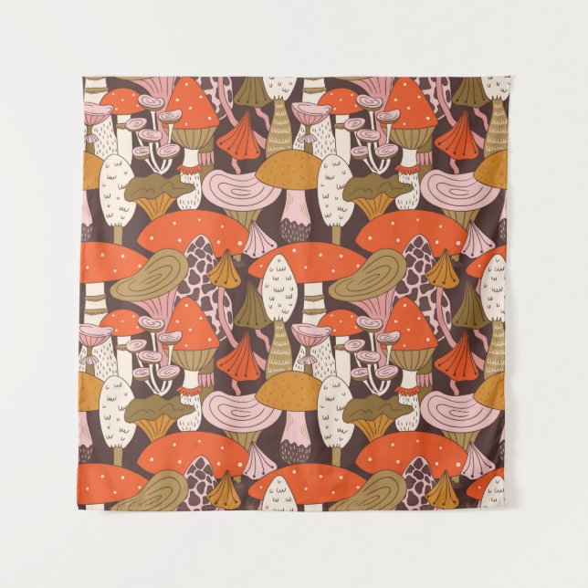 Tapete De Parede Padrão sem costura, desenhado à mão, de cogumelo e (Frente)