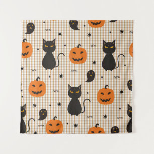 Tapete De Parede Padrão uniforme de Halloween com gato preto e ghos
