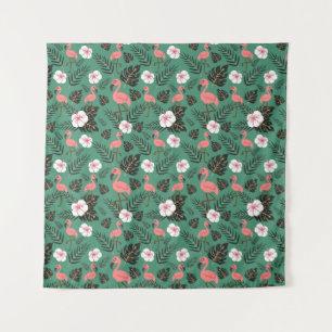 Tapete De Parede Padrão uniforme Flamingo rosa sobre fundo verde