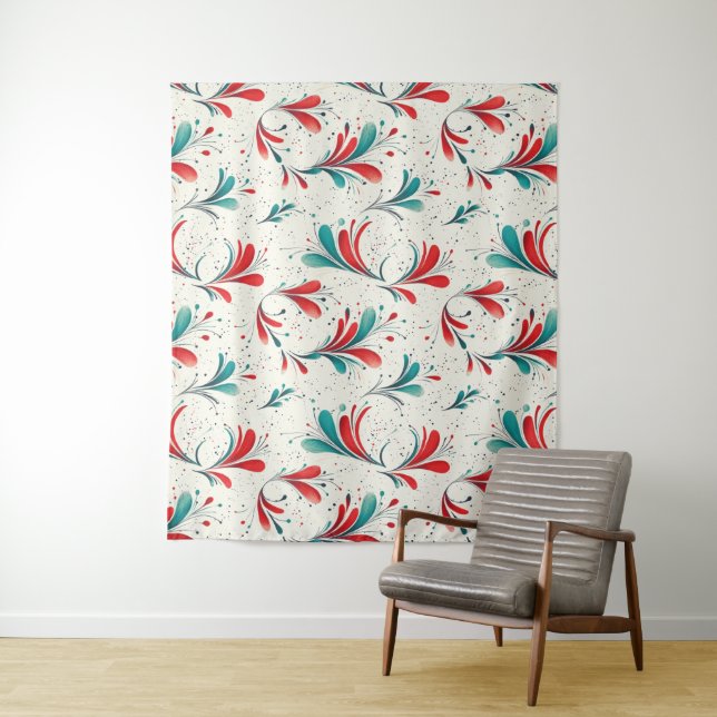 Tapete De Parede Padrão Whimsical Blue e Red Paisley Leaf (2) (In Situ)